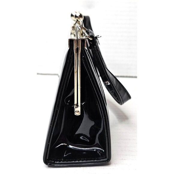 Vintage Black Patent Clutch Purse Gold Frame Kiss Lock - Picture 4 of 10